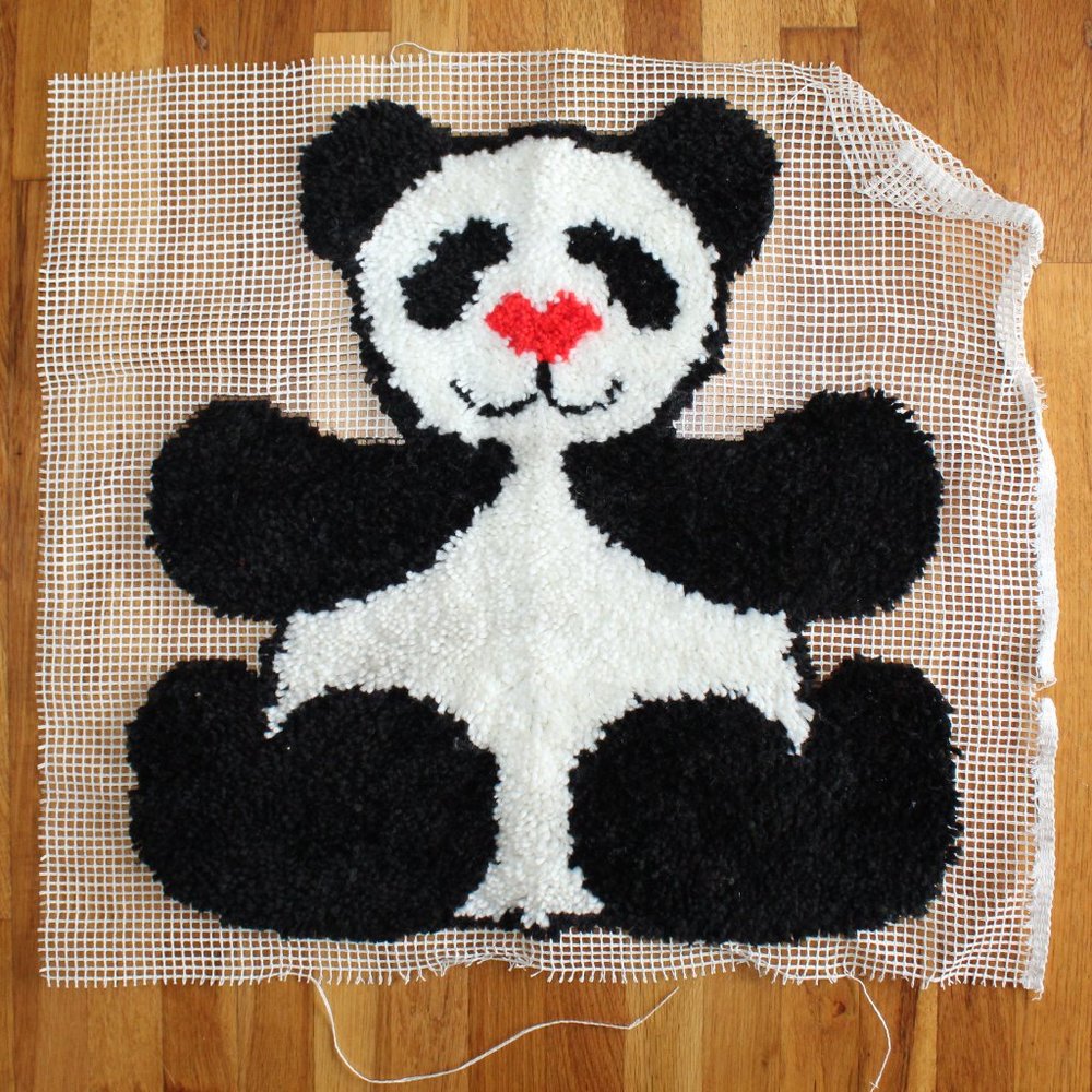 Vintage Latch Hook Black White Red Panda Bear Rug Wall Decor Complete 23" x 24"